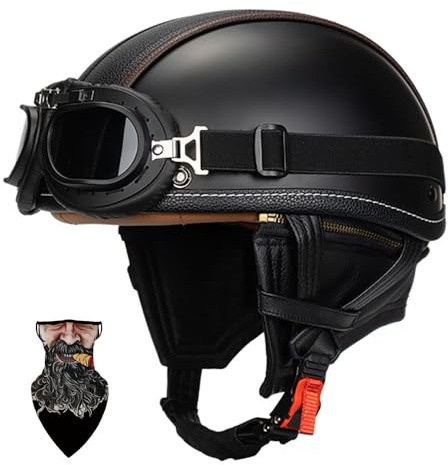 Casco Moto Vintage Semi-Aperto in ABS con Collare Rimovibile - Casco Scodella Leggero per Scooter/Cruiser, Fodera in Traspirante, EPS Antishock, Fibbia Rapida Unisex 55-64cm