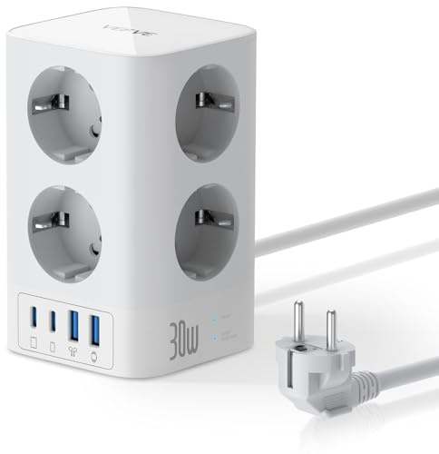VEFVE Steckdosenturm Mehrfachsteckdose 30W USB C mit Schalter Weiß | 8 Steckdosen und 4 USB Ports. 30W Power Delivery. 5m Kabel, 4000W und Überspannungsschutz. Ideal für Büro oder Gaming