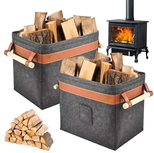 GOEDCH Set di 2 cestini in feltro per legna da ardere, 42 x 32 x 35 cm, cestino in legno per legna da ardere, cestino per legna da ardere, cestino per legna da ardere, giardino, grigio scuro