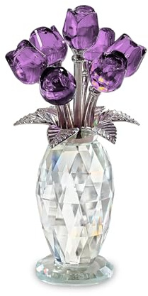 Minicloss Crystal Rose Purple Bouquet Figurines - Glass Flowers Ornaments Gifts for Her - Colorful Glass Decor for Wife, Girlfriend - Home, Office & Tabletop Decor