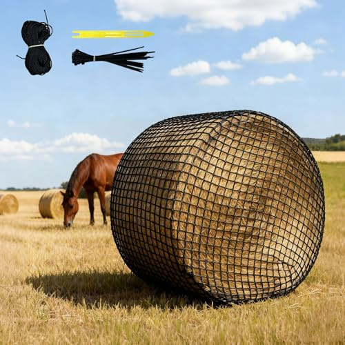 Hocomay Heunnät för runda baler, maskigt nätfoder, runda baler, hästar 12 x 15 m, maskstorlek för artlämpligt rundbalsnät hörakning, lämplig förlängning av hästens gröna ättid
