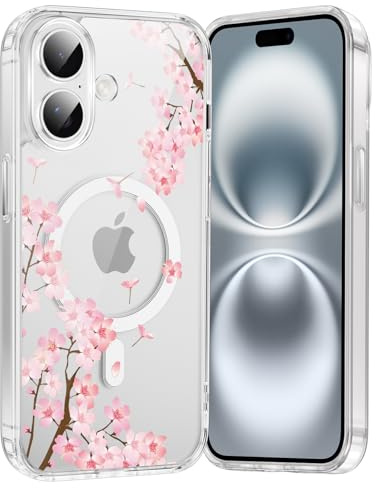 Saqmkil Cover Magnetica per iPhone 16 6,1, Compatibile con MagSafe, Trasparente Custodia Aesthetic Disegni Fiori Donne Ragazza Case, Morbido Silicone TPU Antiurto Antigraffio Protettiva Cover, Rosa