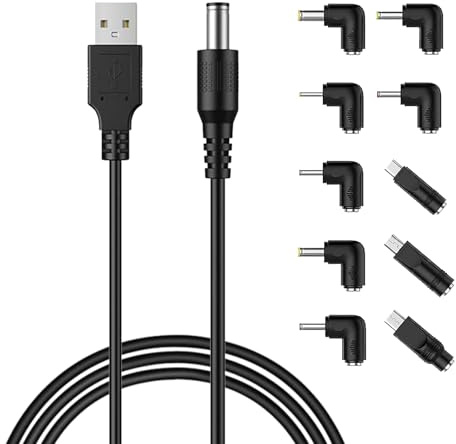 USB to DC Power Cable,USB to DC Power Cable Power Cord Universal Charging Cable 5.5x2.1mm DC Jack with 10 Connector Tips for Mini Projector, Router, Keyboard, USB Hub and More Device