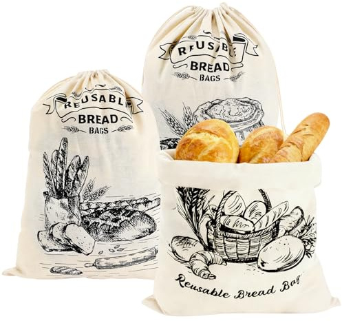 Staranry 3 Bolsas de Lino para Pan 45x35cm, Bolsa Pan con Cierre de Cordón, Bolsas de Almacenamiento Reutilizables para Frutas y Verduras