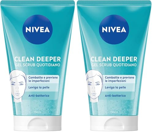 NIVEA Clean Deeper Gel Scrub Viso Quotidiano 150 ml, Esfoliante viso per brufoli e punti neri, Scrub viso donna e uomo antibatterico con estratto di magnolia e acido lattico (Confezione da 2)