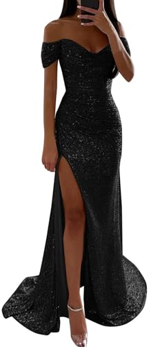 Generisch Abendkleid Damen mit Pailletten Lang Elegant - Ballkleid Gold Hochzeitsgast Kleid Figurbetontes Kleid mit Seitenschlitz und Trägerlos für Abendveranstaltungen Party