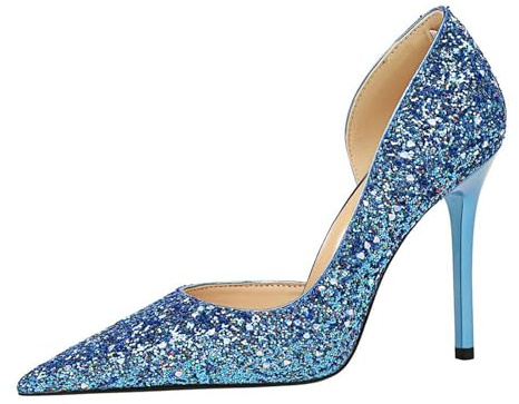 Escarpins à Talon Haut pour Femme Talons Aiguilles 10CM Chaussures Bout Pointu Paillettes Scintillantes Découpe latérale Bleu Heel Dance Shoes-Numeric_41
