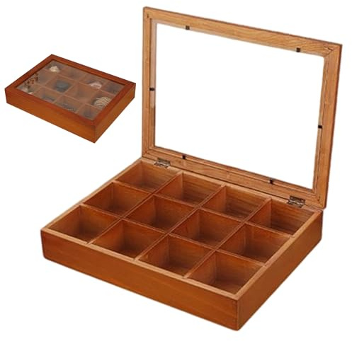 Tea Holder Organiser, 12-Compartment Wooden Box for Tea, Tea Storage Organiser with Transparent Lid, for Kitchen, Household, Office, Cafe, Coffee, Snack Package, Cupboard, Drawer