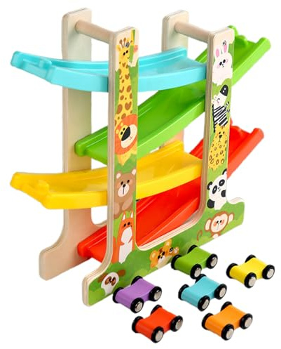 Rampa de coche de madera, vehículo deslizante inercial para animales, juguete educativo para niños pequeños de 2 años y más, regalo de cumpleaños de Navidad 30 x 26 cm