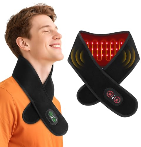Neck Heating Pad with Vibration, Cordless Heated Wrap with 660nm Red Light, 3 Levels Heat & Vibration, 3000mAh Rechargeable Neck Warmer, Black