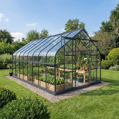 Green Protect Serre de Jardin Comtesse 14,52m² | Aluminium Anthracite et Verre Trempé 4mm | Embase Acier Galvanisé Incluse | Double Porte Coulissante | Ventilation Naturelle | Gouttières Intégrées