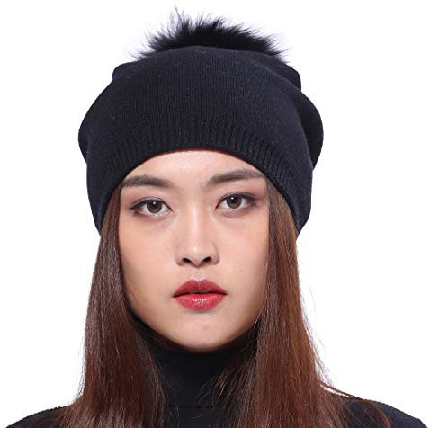 Damen Strickmütze warme Baskenmütze Winter Mütze Bommelmütze Waschbär Fell Bommel - schwarz