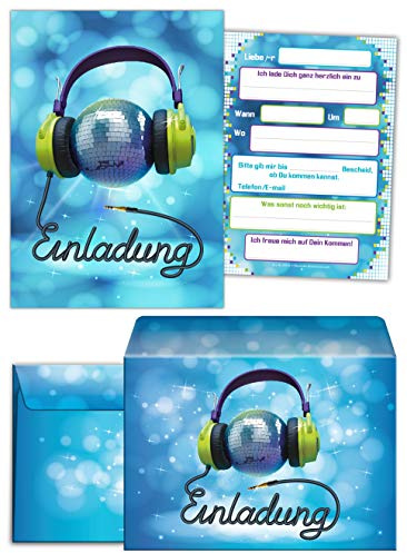 JuNa-Experten 12 Einladungskarten incl. 12 Umschläge Geburtstag Kinder Erwachsene Mädchen Jungen Jungs Disco-Party/Einladung Kindergeburtstag/Geburtstagseinladung