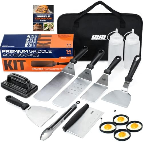 OUII Flat Top Grillzubehör Set für Blackstone und Camp Chef Grillplatte - 14-teiliges Set mit Grill-Reinigungsset & Tragetasche! Metallspatel, Grillschaber, Eierringe für Teppanyaki & Gasgrill