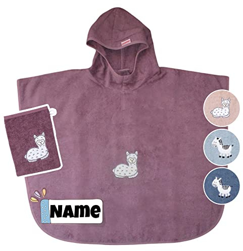 Stickling Kinder Poncho + Waschlappen mit Name Bestickt mit Name | Badeponcho | personalisiert | Kapuzenbadetuch Bademantel Kinder | Kapuzenhandtuch | Badetuch mit Kapuze | bis 7 Jahre (lila Lama)