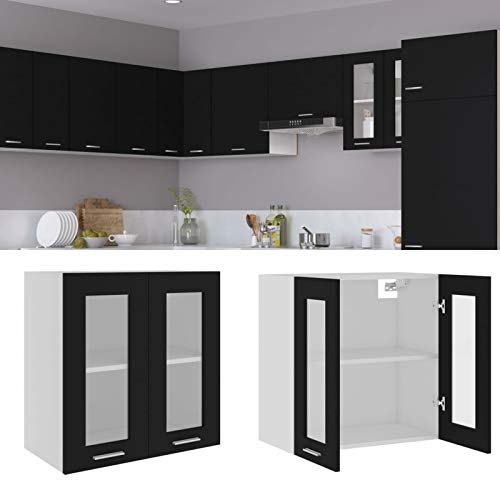 Mogou Hängeglasschrank Küche, Küchenschrank, Schrank Mit Glastüren, Küchenhängeschränke, Wandvitrine Hängend, Schwarz 60x31x60 cm Spanplatte