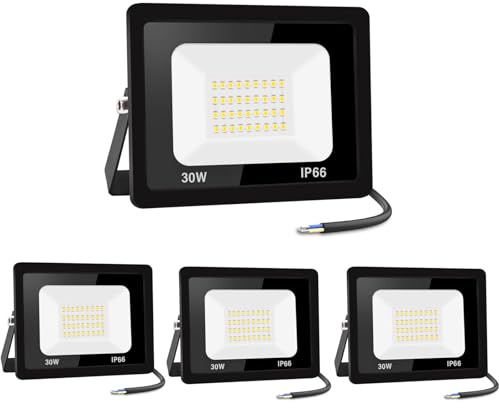 4PCS-30W Proyector LED Exterior IP66 Impermeable Focos Led Exterior 3000LM Potente Luces Led Exterior IP66 Impermeable Seguridad LED Floodlight Exterior para Terraza, Jardín, Patio, Parque, Garaje