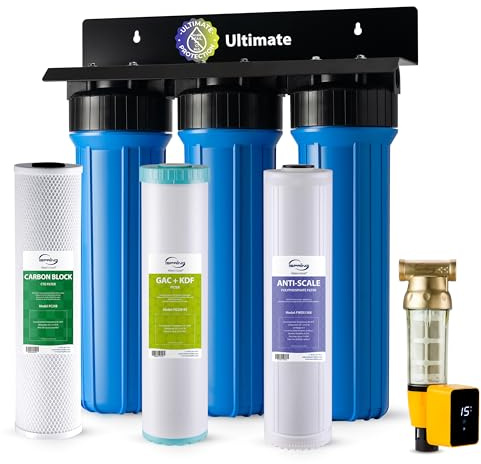 iSpring Whole House Water Filter System w/Auto-Flushing Spin Down Sediment Filter, Water Descaler, GAC+KDF, and Carbon Block Filter, WGB32B-KDS+WSP50ARB