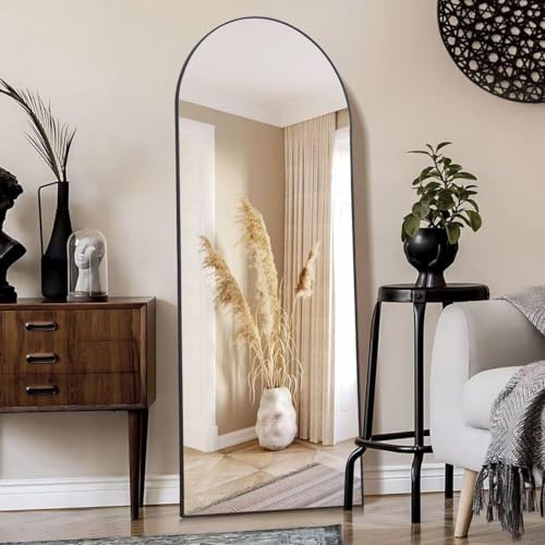 KOCUUY Bogen Standspiegel, 161 x 52 cm Großer Gewölbter Ganzkörperspiegel, Groß Wandspiegel mit Schwarz Aluminium Rahmen, Hängend, Stehend, Kippbar, für Wohnzimmer, Schlafzimmer und Flure