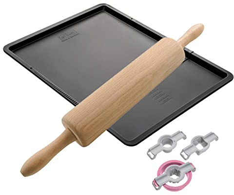 Zenker Set de Repostería, incluye Bandeja de Horno Extensible Antiadherente 37-53 cm, Rodillo para Amasar de 44 cm con Rodamientos y 4 Moldes para Galletas Linzer…