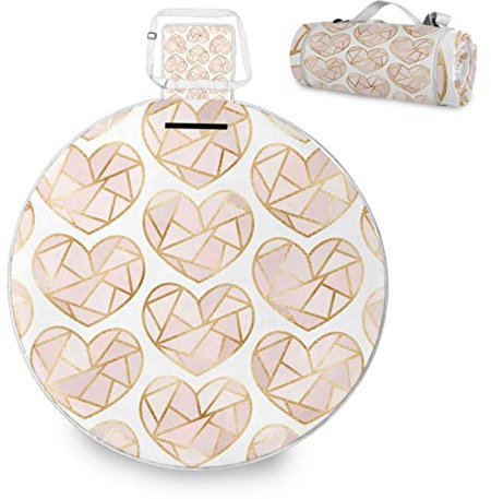 Mnsruu Große Picknickdecke, Valentinstag, geometrisch, Gold, Rosa, Glitzer, Herzen, wasserdicht, rund, Picknickmatte, tragbarer Teppich, Outdoor, für Strand, Camping, Park, Reisen, 148 cm