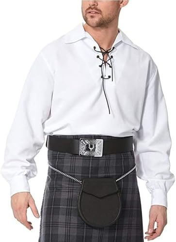 BRAW CLANS TARTANS Chemise Ghillie Jacobite avec dentelle en cuir – Chemise écossaise à manches longues – Costume de pirate médiéval traditionnel – Chemises Ghillie noires ou blanches pour homme