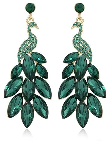 BSLVWG Vintage Pfau Dangle Ohrringe für Frauen Mädchen Boho 14K Gold überzogene grüne Kristallfeder Pfau Aussage Drop Dangling Stud Ohrring Übertrieben Geburtstag Urlaub Schmuck Geschenke (grün)