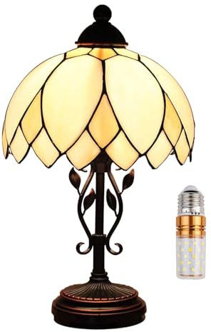 Kinbolas Tischlampe im Tiffany Stil,Vintage Nachttischlampe Schlafzimmer Deko Lampe,Jugendstil Tischleuchte,Beige buntglas lampenschirm 25cm / 10 Zoll,Harz-Basis mit Kabel und E27 LED Birne(A)