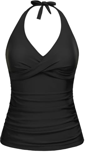 Tempt Me Women's Black Tankini Top Halter Tummy Control Swim Tops Only Twist Front V Neck Bathing Suit No Bottom L