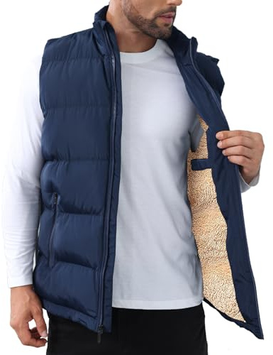 TUVEKE Navy Blue Men's Puffer Vest Sherpa Lined Outdoor Zipper Fleece Vest Warm Sleeveless Men Winter Jackets Water-Resistant Down Puffy Vests XXL