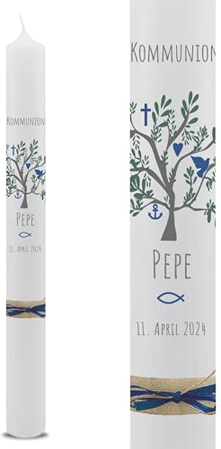VILLA ROSA LOTTA – Personalisierbare Kommunionkerze Taufkerze „Pepe“ mit Wunschdaten und Rückseite | Lebensbaum Motiv | 40 cm x 4 cm | für Jungen und Mädchen | Altarkerze elfenbein