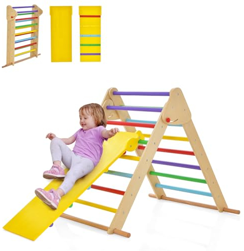 COSTWAY Kletterdreieck mit Rutsche, 3 in 1 Klettergerüst Indoor klappbar, Sprossendreieck Holz, zum Rutschen und Klettern, für Kinder ab 1 Jahr (Bunt)