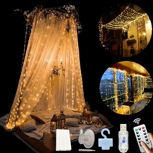 Amening 3mx3m Lichtervorhang,300LED Lichterkettenvorhang USB 8 Modi Lichterkette mit 10 Haken,IP65 Wasserdicht Lichtervorhang Innen Außen Deko für Valentinstag,Ramadan,Hochzeit,Weihnachten