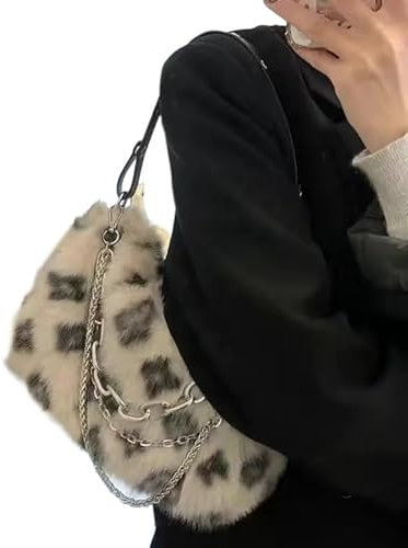 HKYBCF Flauschige Tragetasche Pink Love Unterarmtaschen, weicher Plüsch, Herzmuster, Damen-Umhängetasche, Damenkette, pelzige Umhängetasche, Handtaschen (Color : Beige)