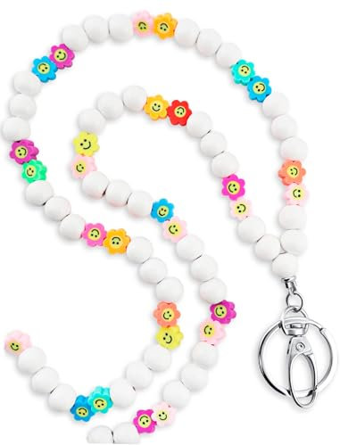 MyfavoriteK Smile Teacher Schlüsselband für Damen für Ausweise, Schlüssel und Schlüssel, niedliches glückliches Gesicht, Holzperlen, Schlüsselband für Lehrer, Krankenschwestern, Arbeit,