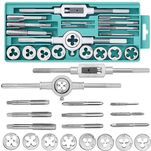 20-Piece Metric Tap and Die Set Complete Set of M3 to M12 Grit Tools Including Wrench Accessories for Cutting,Chamfering and Tapping in Tray Box Alloy Portable High Hardness Tap and Die Hand Tool Set