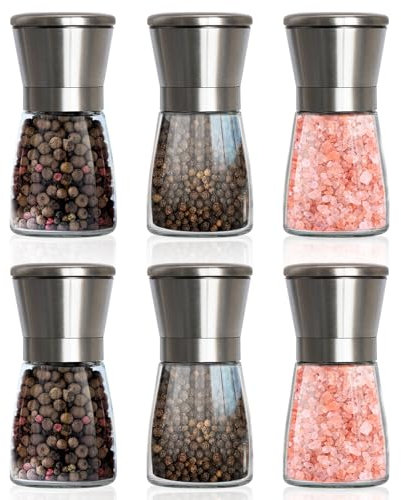Shoze Gewürzmühle 6er Set Manuelle Edelstahl Salz und Pfeffermühle Set Transparent Keramikmahlwerk mit Abdeckung für Gewürzmahlen（Edelstahldeckel 180ML）