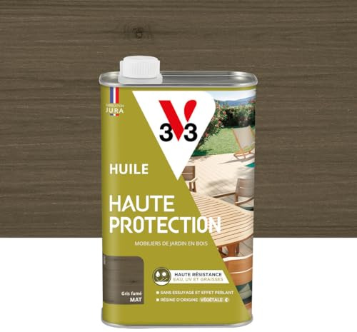V33 Huile bois extérieur Haute Protection Gris fumé mat - Pour mobilier de jardin - Haute résistance eau, UV et graisses - Sans essuyage et effet perlant - Résine d'origine végétale - 1L