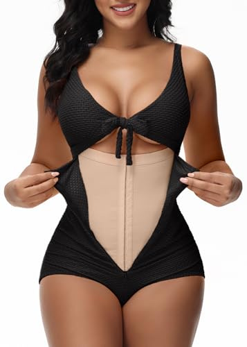 SHAPSHE Swim Suits for Women 2024 Tummy Control Slimming One Piece Bathing Suit Body Shaper Swimsuits Ruched Push Up Padded Swimwear Black