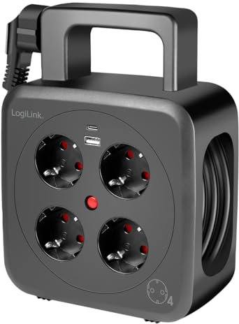 LogiLink Enrouleur de câble de 5 m avec 4 prises (prises de contact de protection), 1 port USB-A et 1 USB-C, indice de protection IP20 et interrupteur de surcharge thermique LPS504