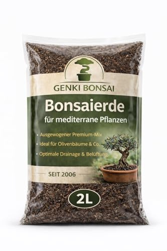 GENKI BONSAI Mediterrane Erde 2L für Olive, Granatapfel & Kübelpflanzen | Mineralisches Substrat, Mittelmeerstil, trockene Standorte & Winterquartier
