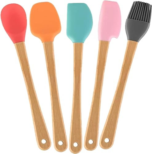 5 PCS Spatola da Cucina Utensili,Spatole in Silicone, kit di utensili da cucina in legno di faggio di alta qualità, resistenti al calore, antiaderenti, manici in bambù, pennello, cucchiaio, pala per