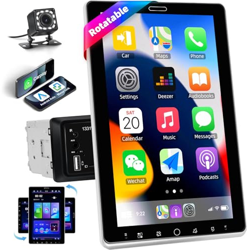 Zomolither Stereo 1 DIN con Schermo con CarPlay Wireless Android Auto, 10,1 Pollici Touchscreen Rotante HD Bluetooth Supporta Mirror Link con Telecamera Posteriore FM Ingressi USB/TF/AUX, SWC