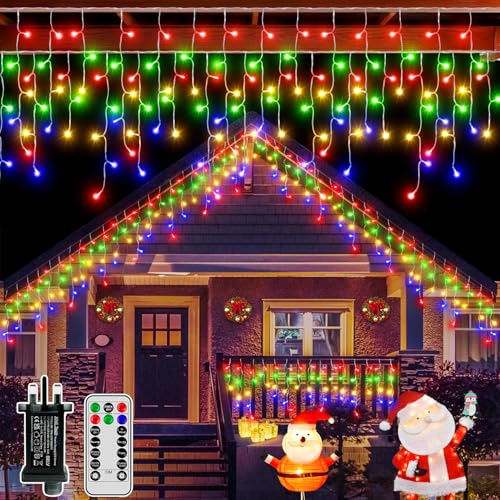 Hopexy Icicle Outdoor Christmas Lights, 216 LEDs 7.3m Waterproof Connectable Outside Fairy Light Mains Powered, Multicolour Hanging String Light Plug in, for House Roof Porch Gutter Xmas Decorations