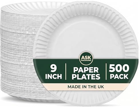 500 Pack Paper Plates 9 Inch 23cm, Strong Heavy Duty Disposable Plates | Holds Full Portion of Curry, Pasta, BBQ without Bending & Leaking, Microwave Safe Dinner Plate for Parties, Picnics, Wedding