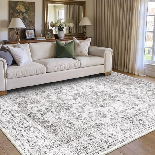 PureCozy Teppich 160x230cm Wohnzimmer Grau Waschbarer Vintage Wohnzimmerteppich Kurzflor Weich rutschfest Schlafzimmer Carpet Living Room Esszimmer Bedroom Büro Teppiche