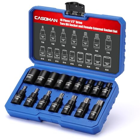 CASOMAN 16 PCS 1/2-Inch Drive TorxBit Set, Torx/Star: T30 T40 T45 T50 T55 T60 T70; E-Torx: E10 E11 E12 E14 E16 E18 E20 E22 E24; CR-V & S2