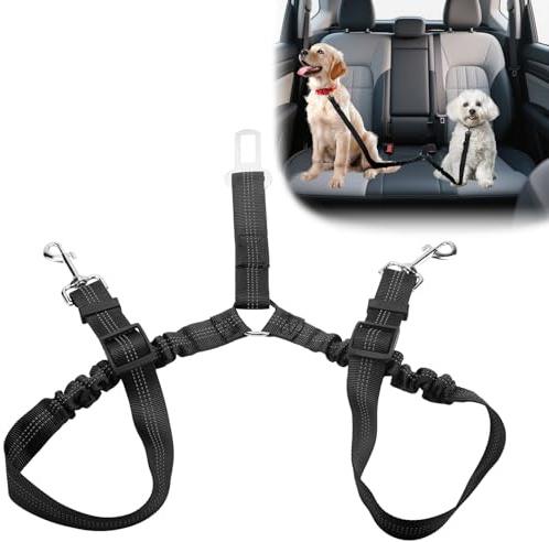 Cinturones de seguridad para perros del Reino Unido, correa doble para perro sin enredos de 360°, arnés ajustable para pasear a 2 perros, accesorios de viaje de seguridad para mascotas (negro)