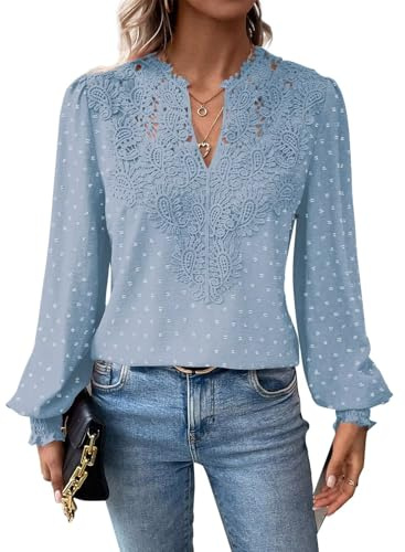 TUUHAW Women Tops V Neck Long Sleeve Shirts Swiss Dot Flowy Boho Lace Top | Crochet Casual Blouses, Basic Sexy Peplum T Shirt, Smocked Spring Clothing, Autumn Ladies Daily Outfits, Eyelet Embroidery