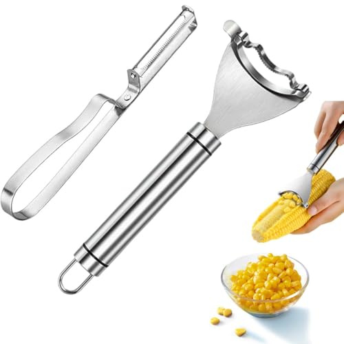 2 Pezzi Affettatrice per mais e Pelapatate Professionale, strumento per rimuovere pannocchie di mais in Acciaio Inox Sbucciatore Manico Antiscivolo, Pelapatate Universale per Verdura Frutta
